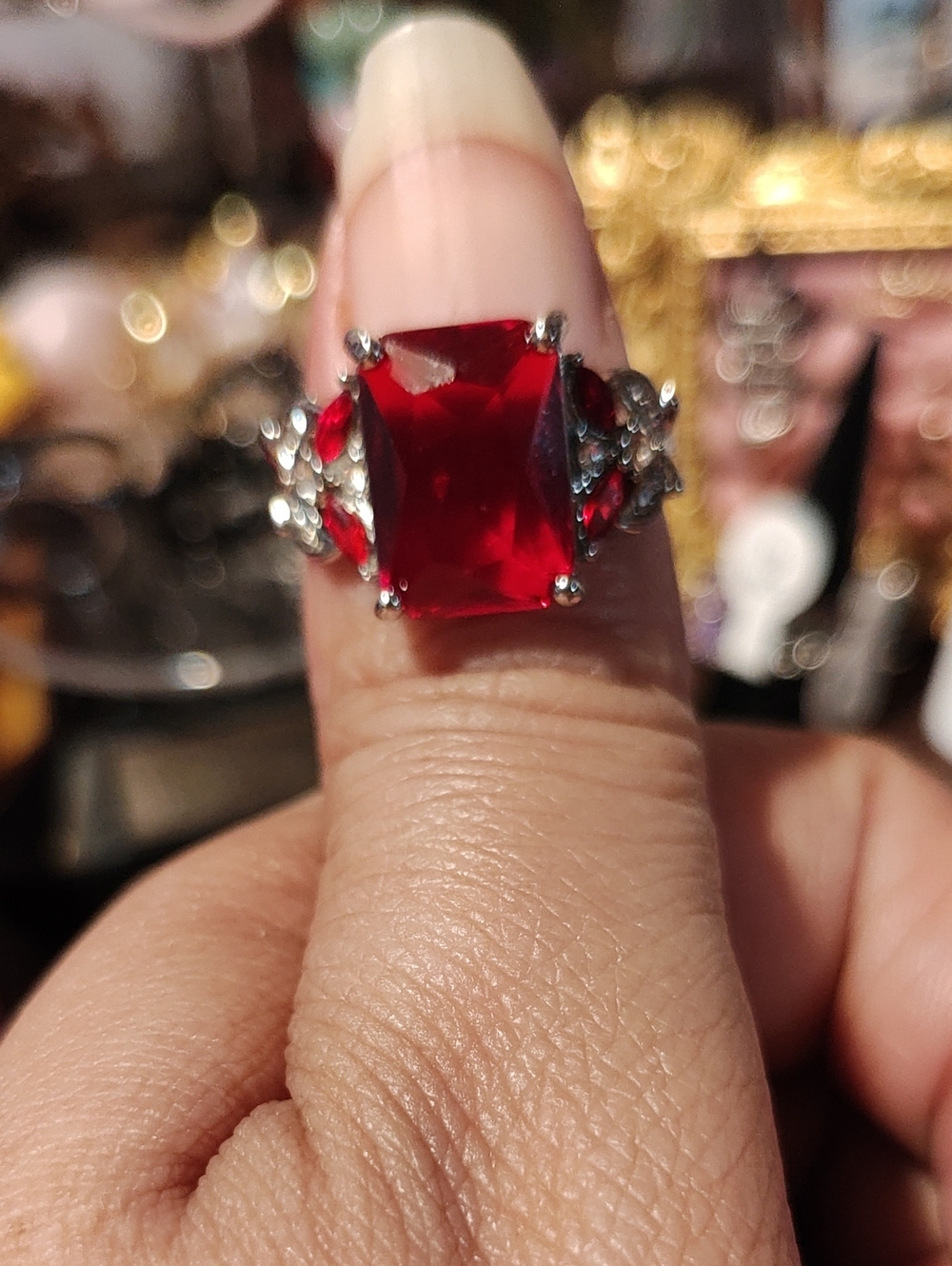 Red Cushion-Cut Statement Ring with Clear Accents - Women Jewelry